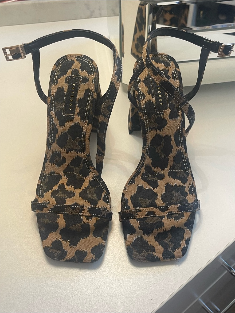 Topshop Leopard Print Ankle-Strap Block Heel Sandals - Brown/Black